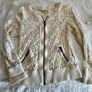 Free People Ivory Lace Zip-Up Cardigan Sweater